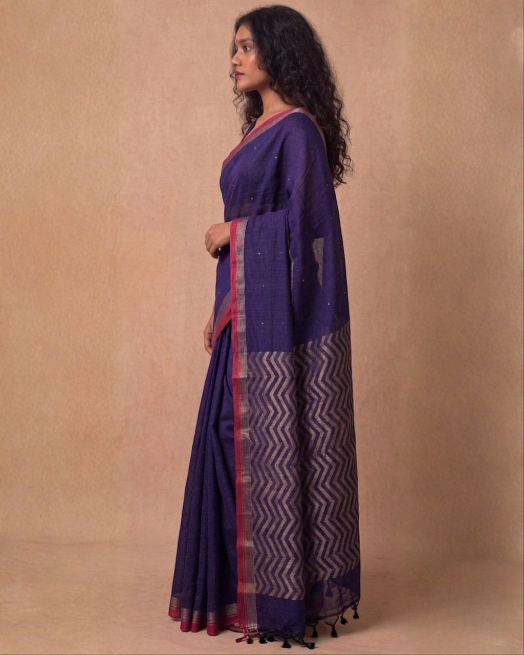 Deep mauve organic cotton linen saree