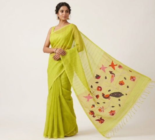 Handspun green paithani resham silk saree