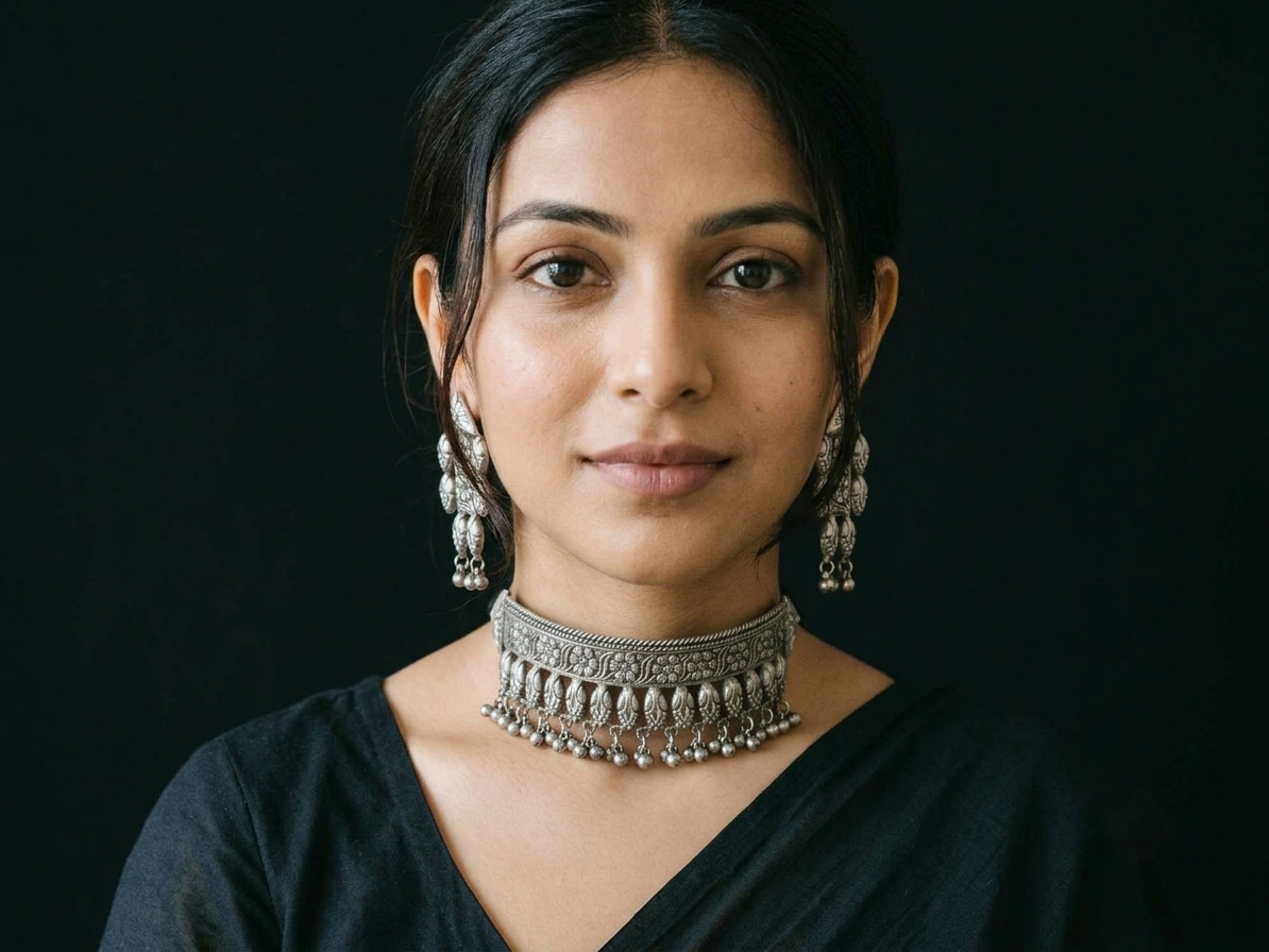 Silver replica floral Choker necklace set