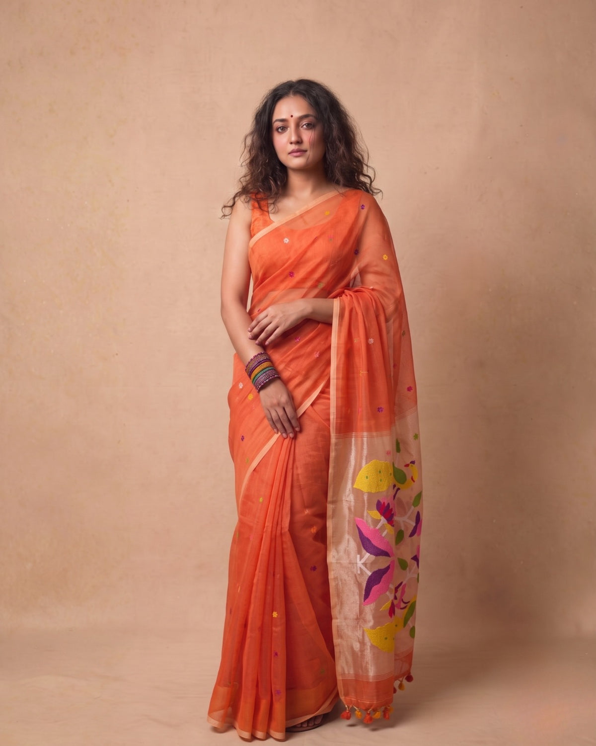 Burnt orange handspun Resham Paithni Silk Saree