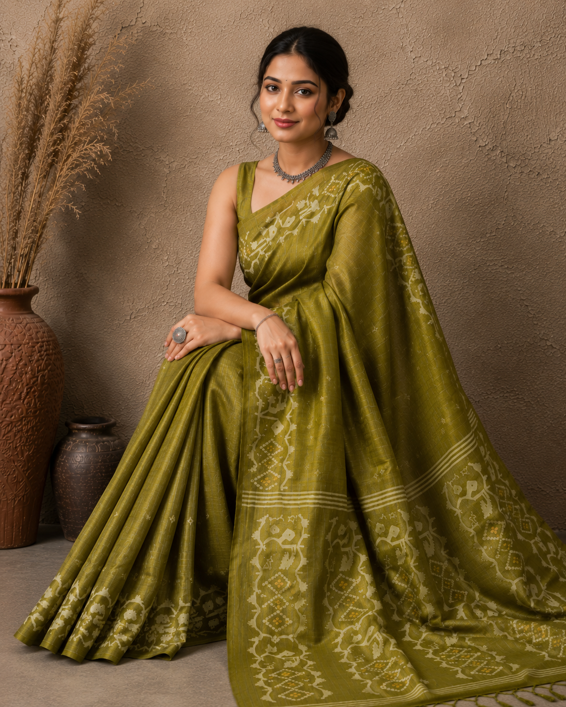 Mehendi green tussar Jamdani saree