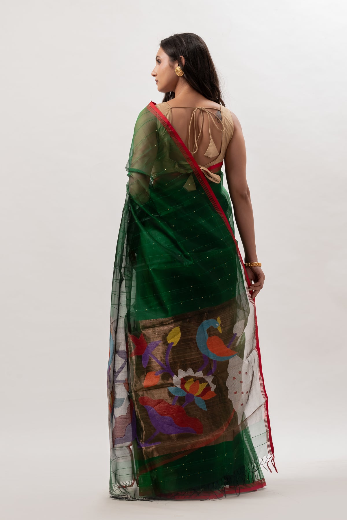 Deep Green Sheer Muslin Saree with Vibrant Paithani pallu motif