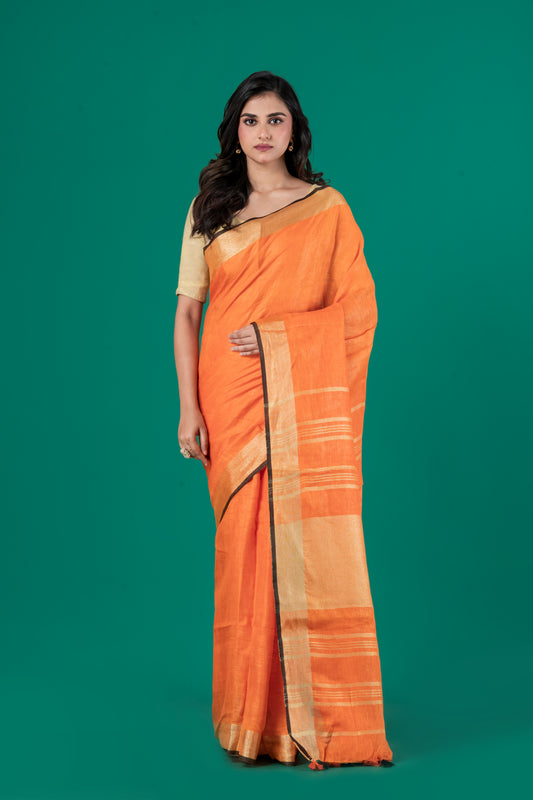 Orange pure linen saree