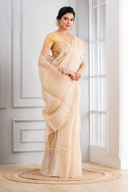 Beige temple Silk Linen Saree