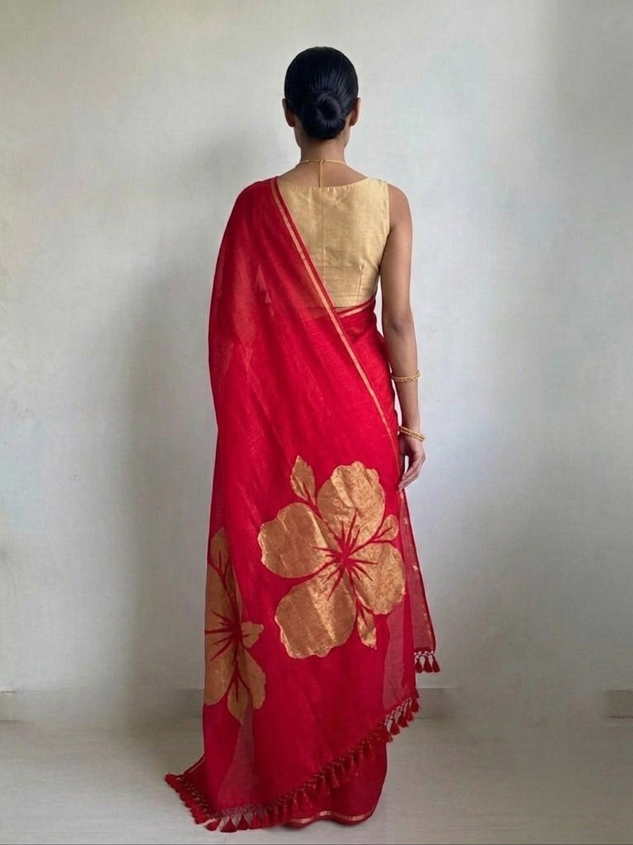 Golden flower tomato red mulmul cotton saree