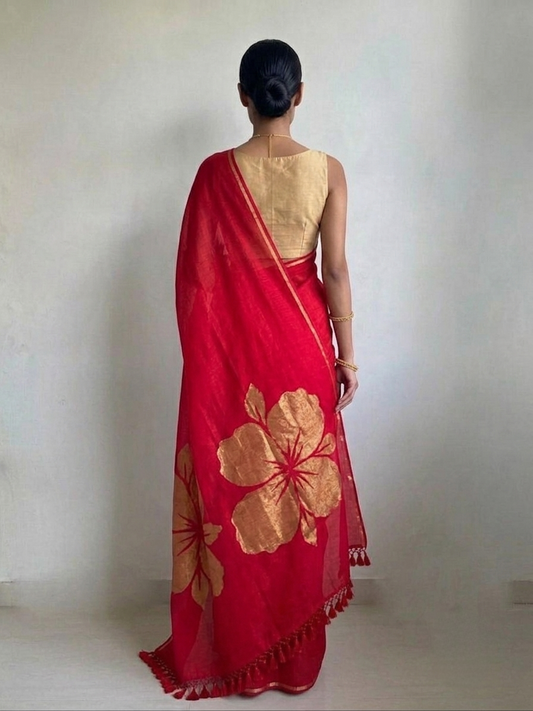 Golden flower tomato red mulmul cotton saree