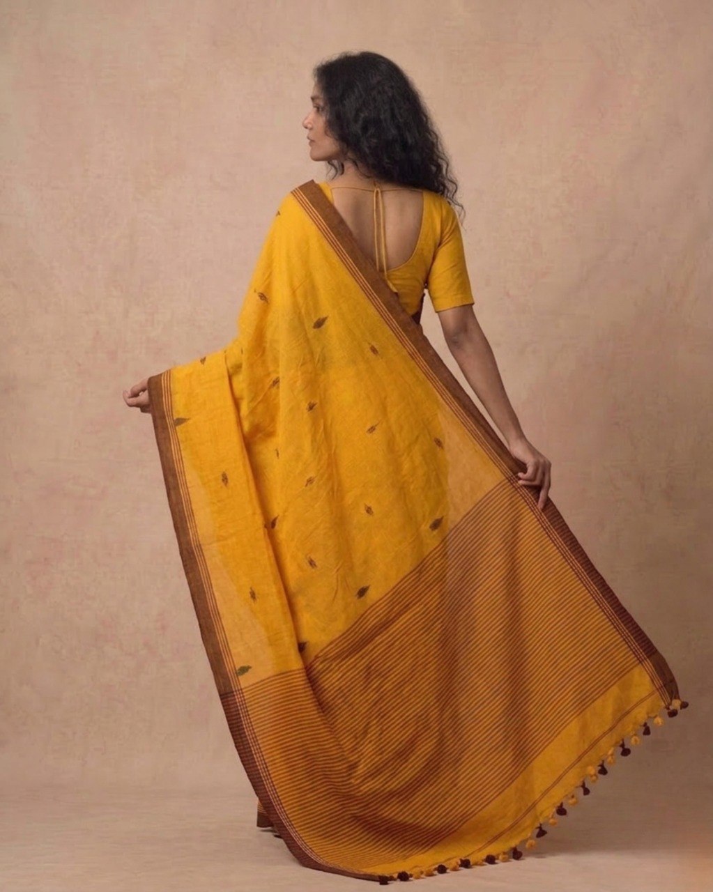 Mustard color handspun cotton saree with maroon bootis