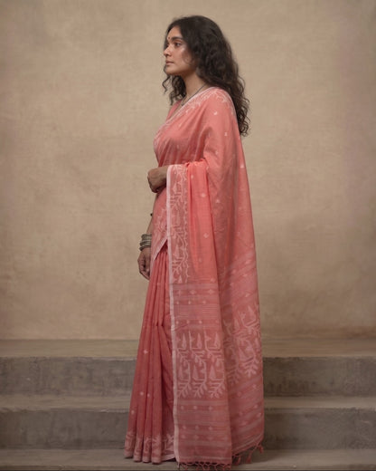 Peach handloom cotton jamdani saree