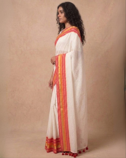 Off white red orange zari border mulmul saree