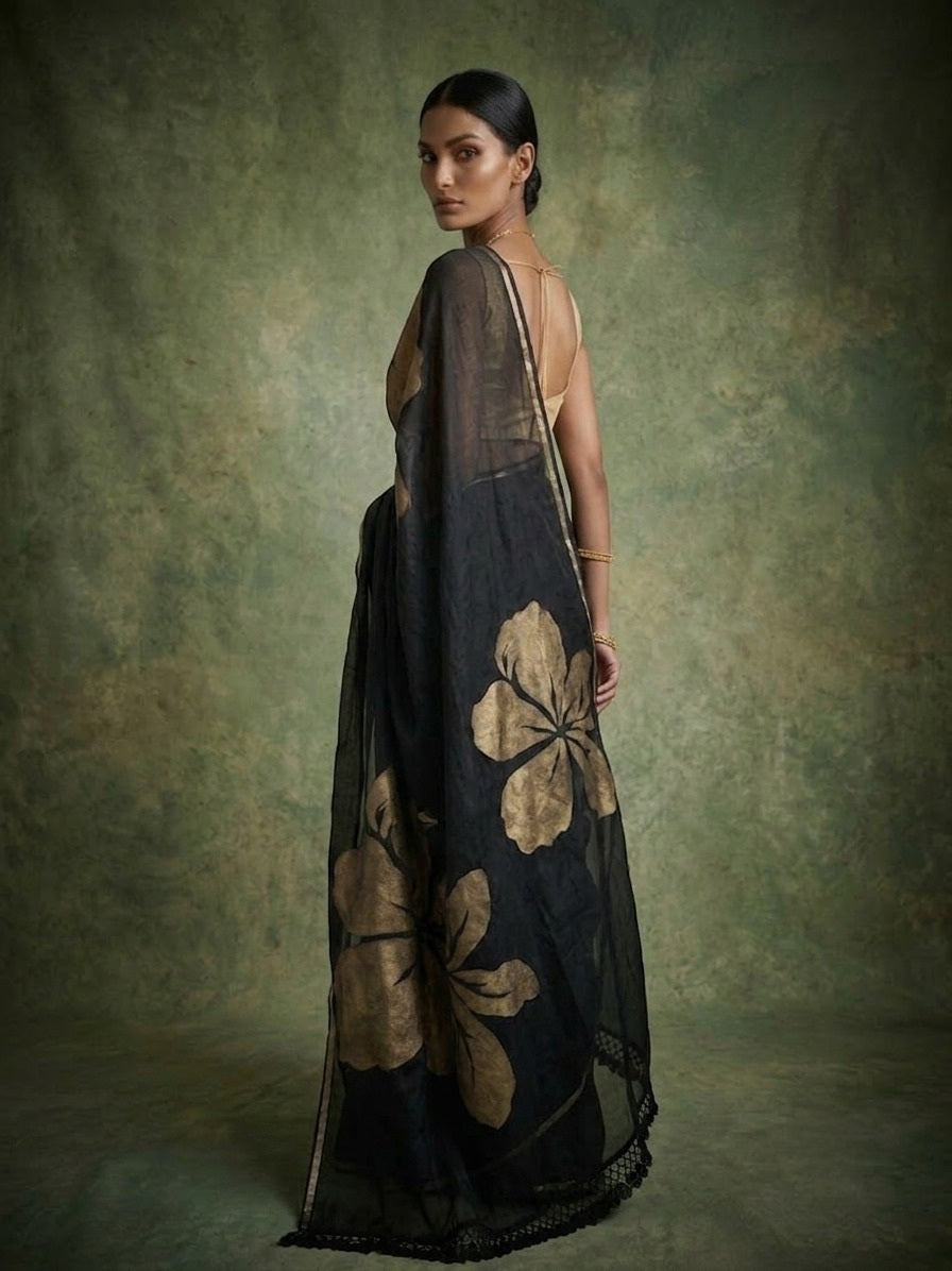Golden flower black mulmul cotton saree