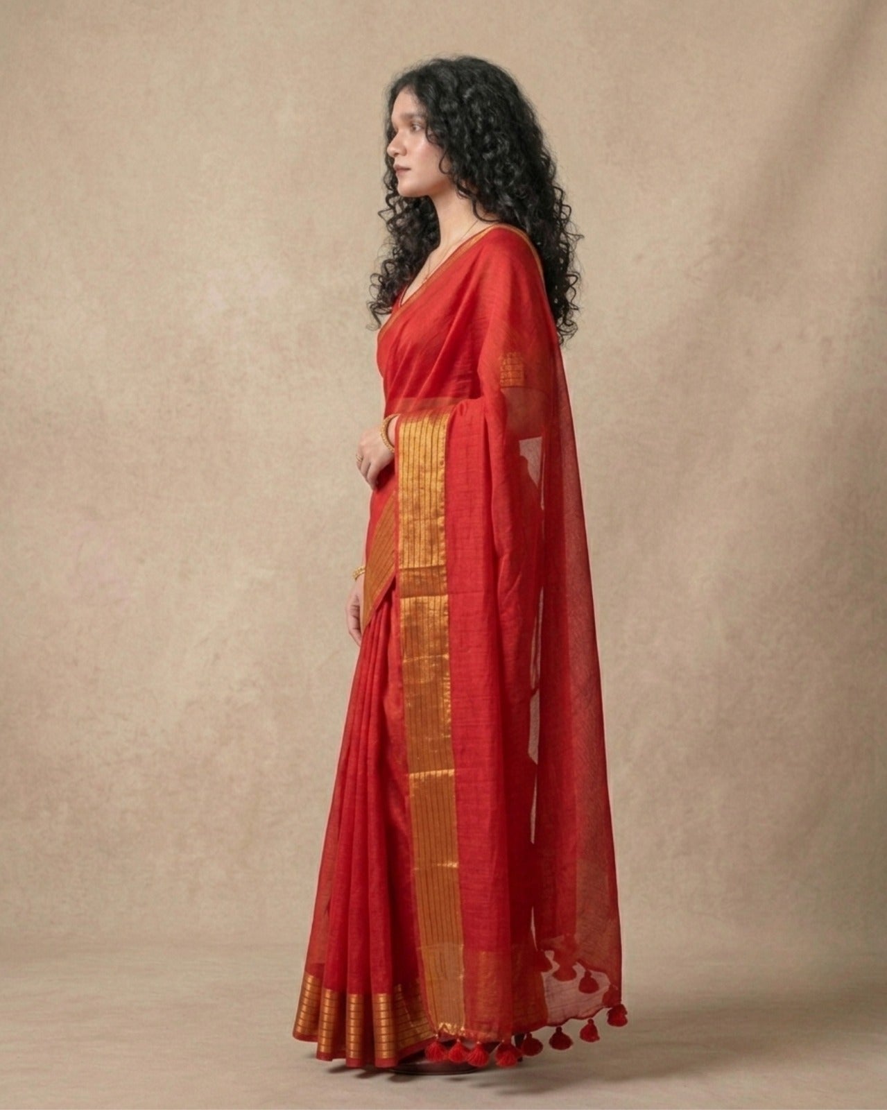Red mul cotton saree golden striped border