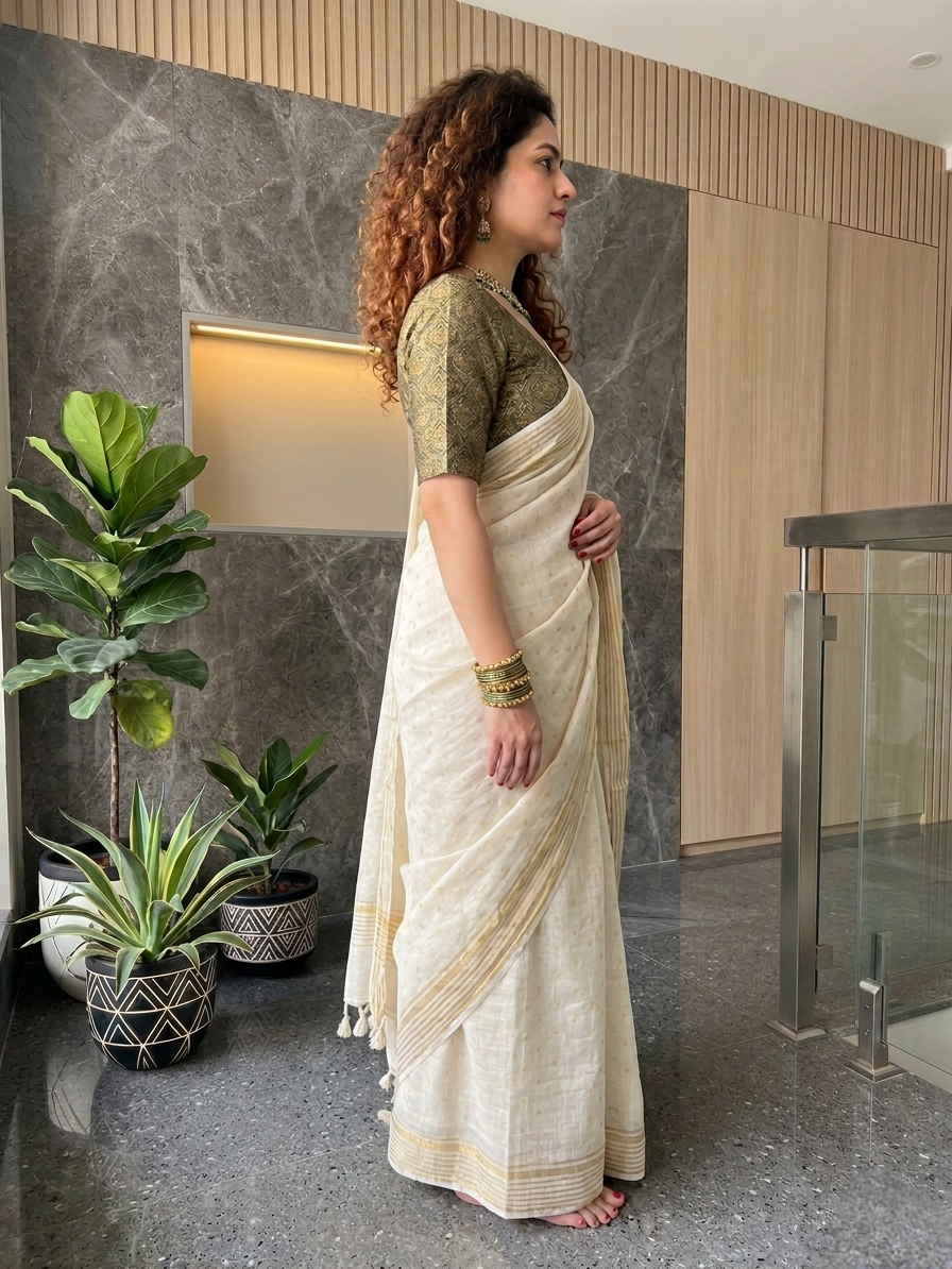 Off White mulmul cotton saree