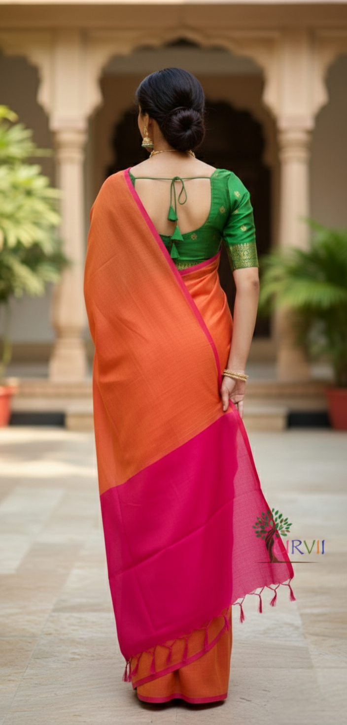 Burnt orange mulmul cotton saree