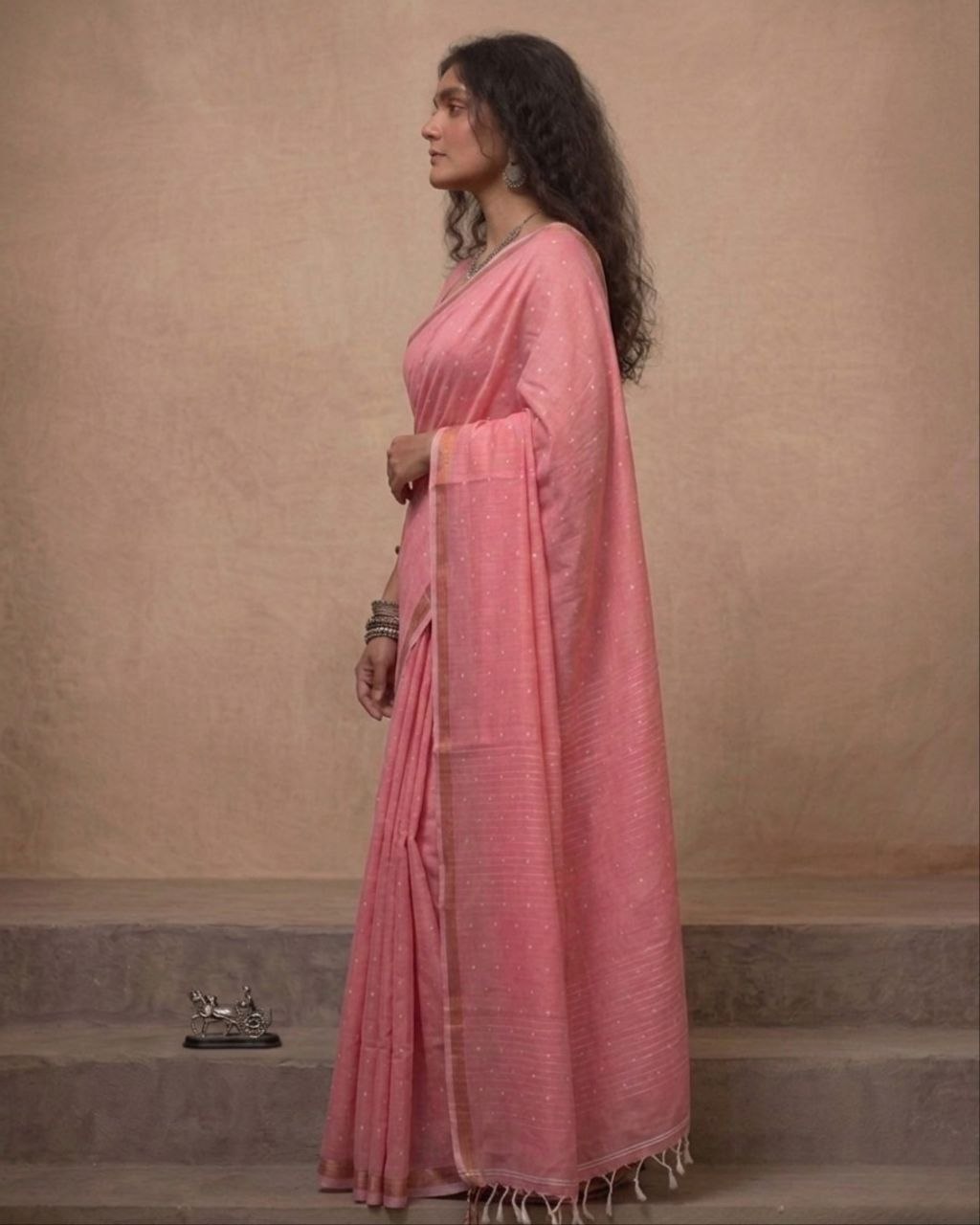 Peach pink organic linen jamdani saree
