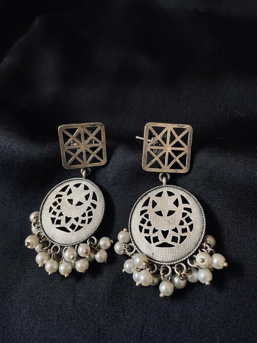 Geometric Lattice & Crescent Pearl Drop Silver-Polish Earrings