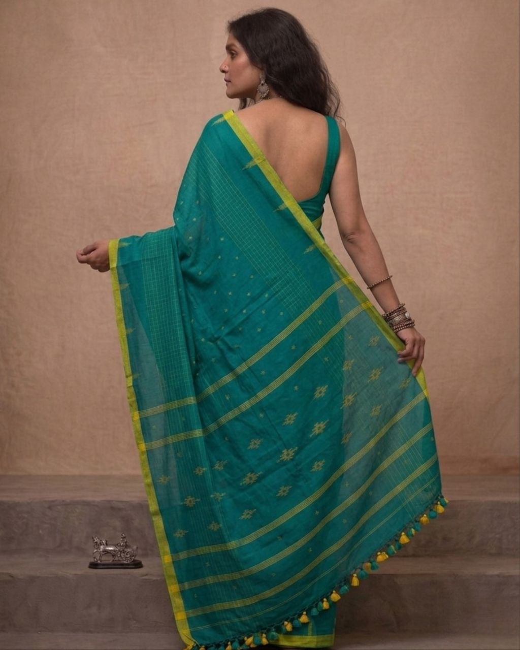 Sea blue check handspun cotton saree