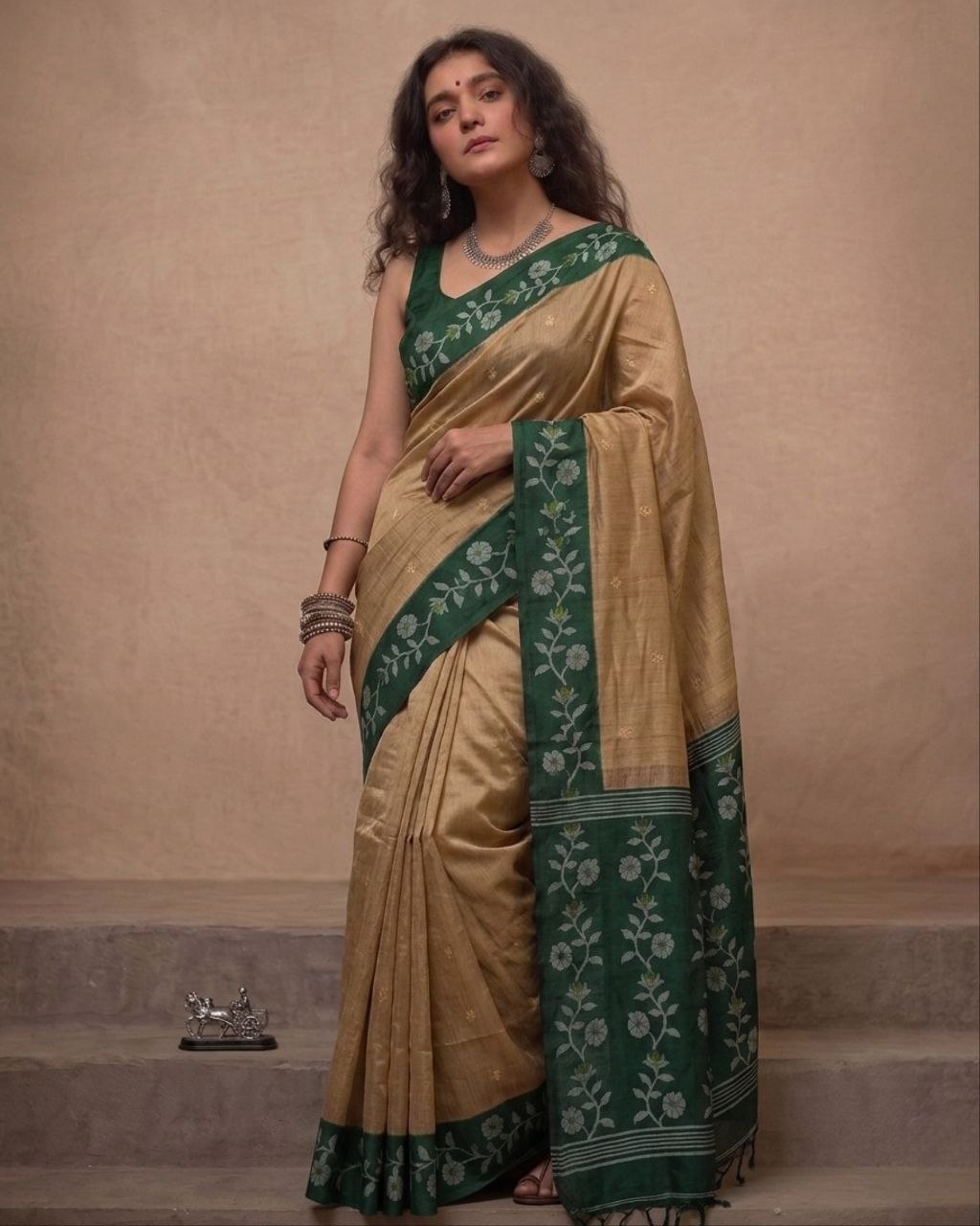 Beige and green tussar Jamdani saree