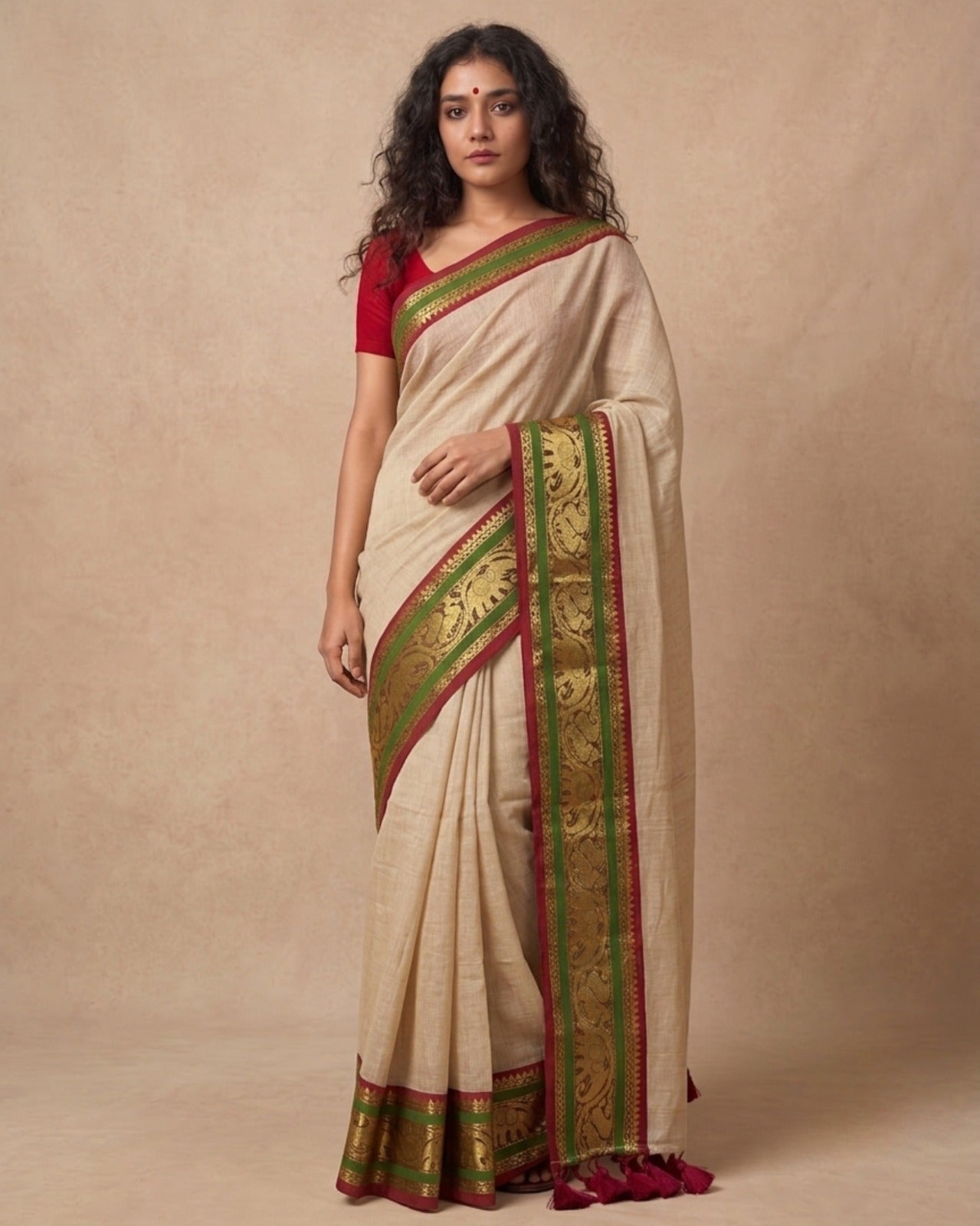 Off white green zari border mulmul saree