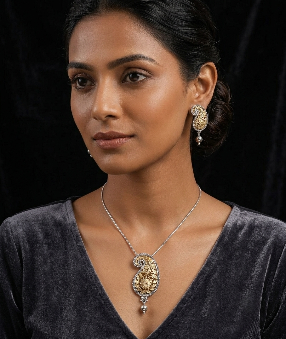 Aam kalka dual tone premium silver polish jewelry set