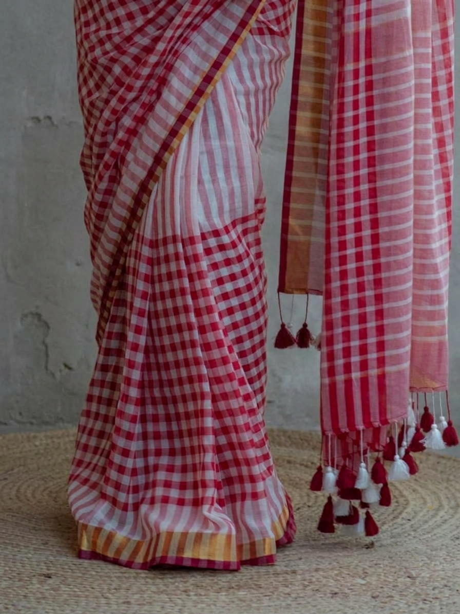 Red and White Checkered Cotton Saree with Golden Border