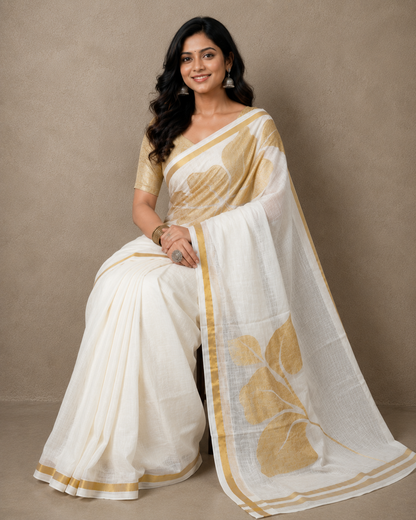 Golden flower black mulmul cotton saree
