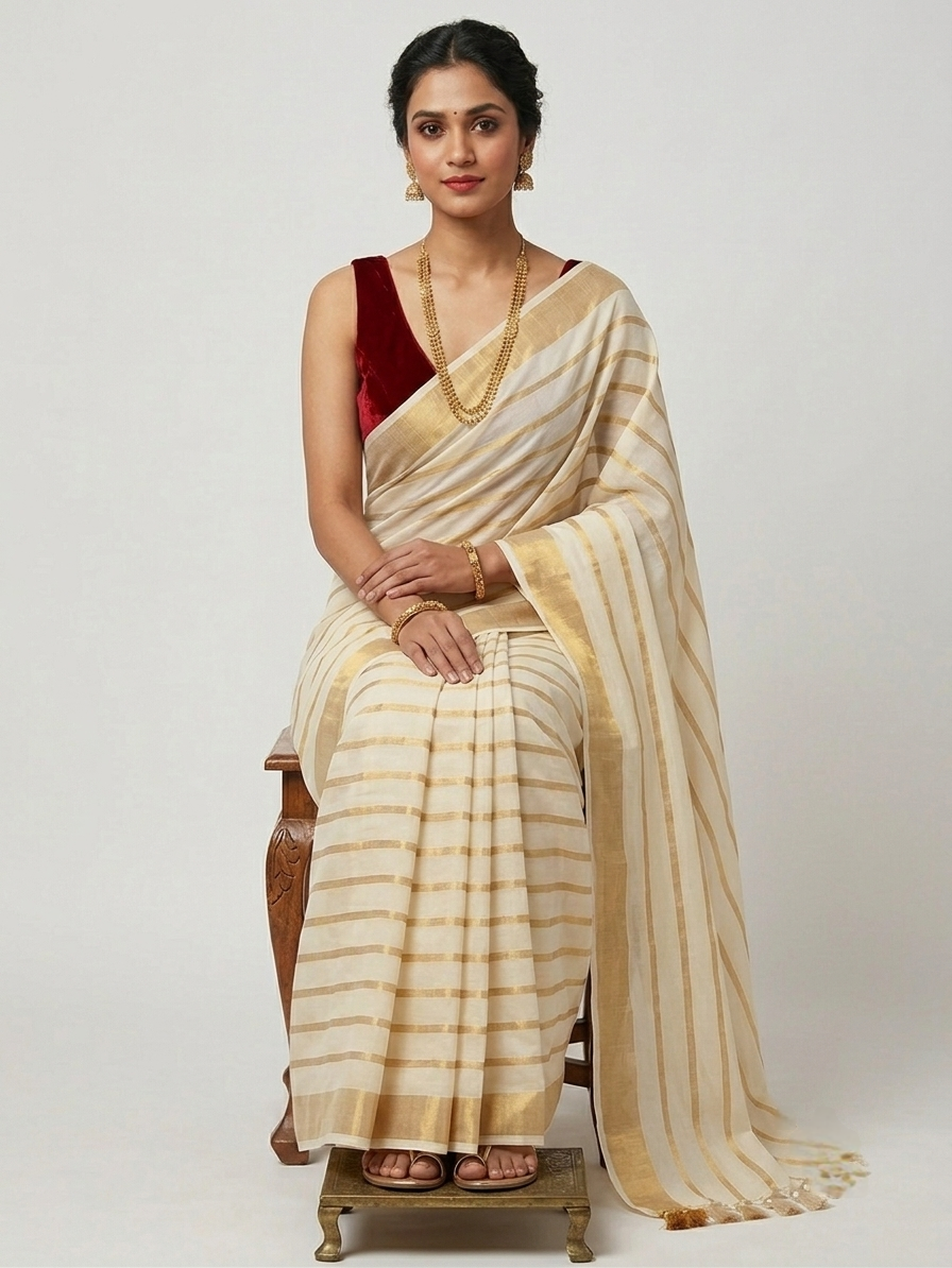 Ivory & Gold Zari Striped Mul Cotton Saree