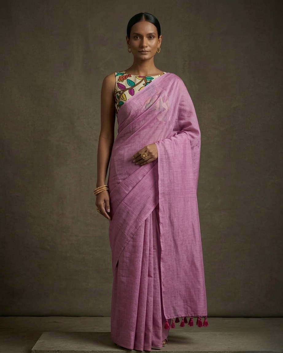 Onion pink  color mangalgiri cotton saree with hand-painted kalamkari bP .