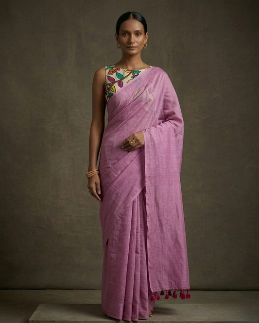 Onion pink  color mangalgiri cotton saree with hand-painted kalamkari bP .