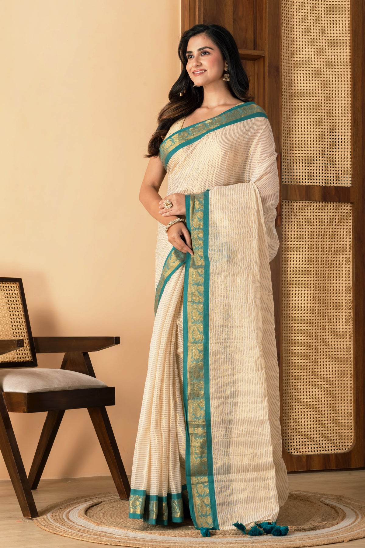 Zari striped pure tissue mul cotton saree  Rama green border