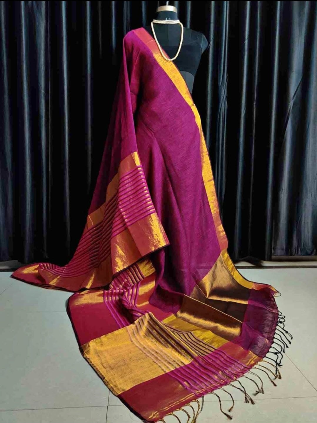 Pink broad border Linen Saree