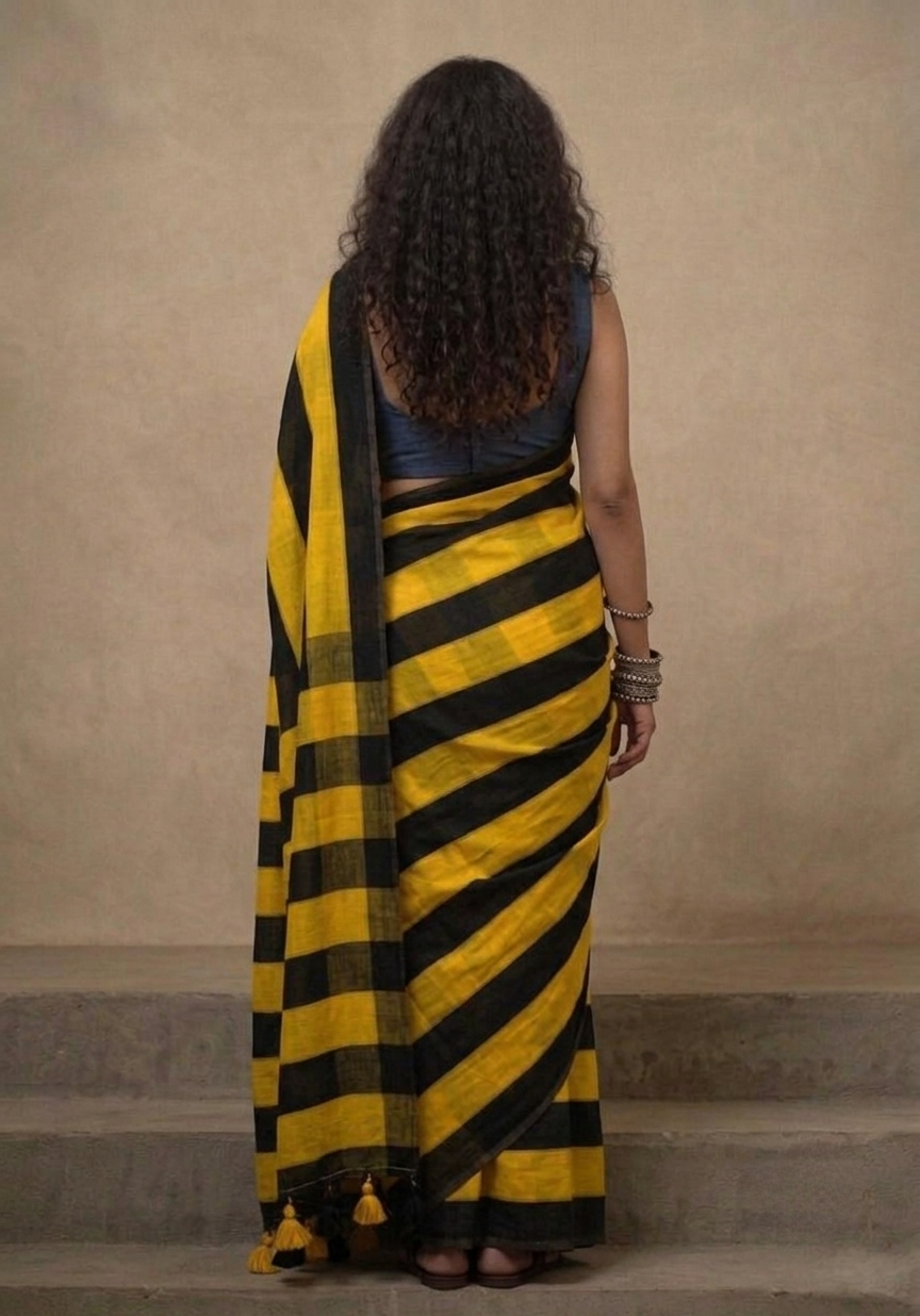 Yellow n black striped mulmul cotton saree