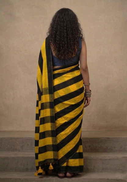 Yellow n black striped mulmul cotton saree