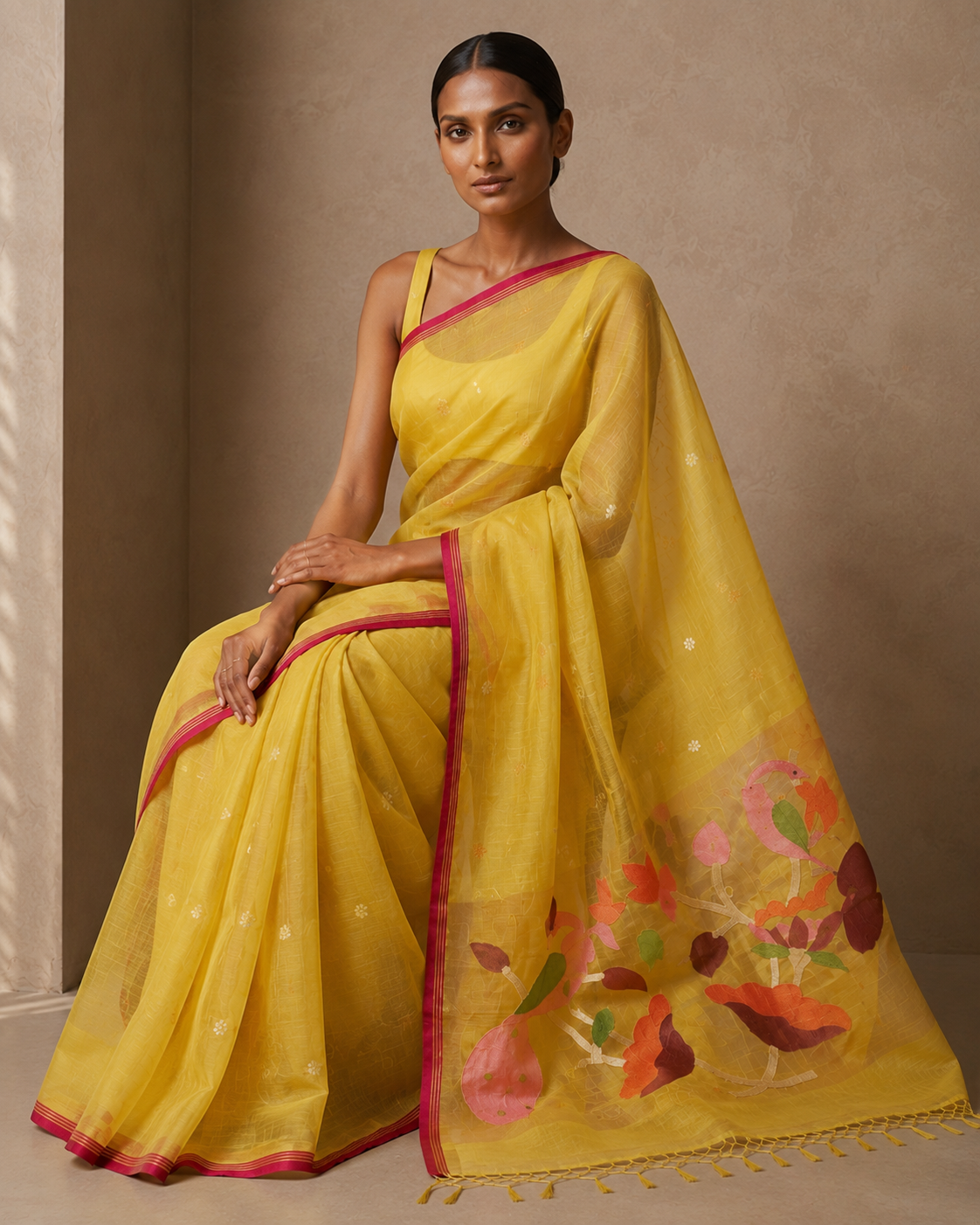 Yellow handspun resham paithni silk saree