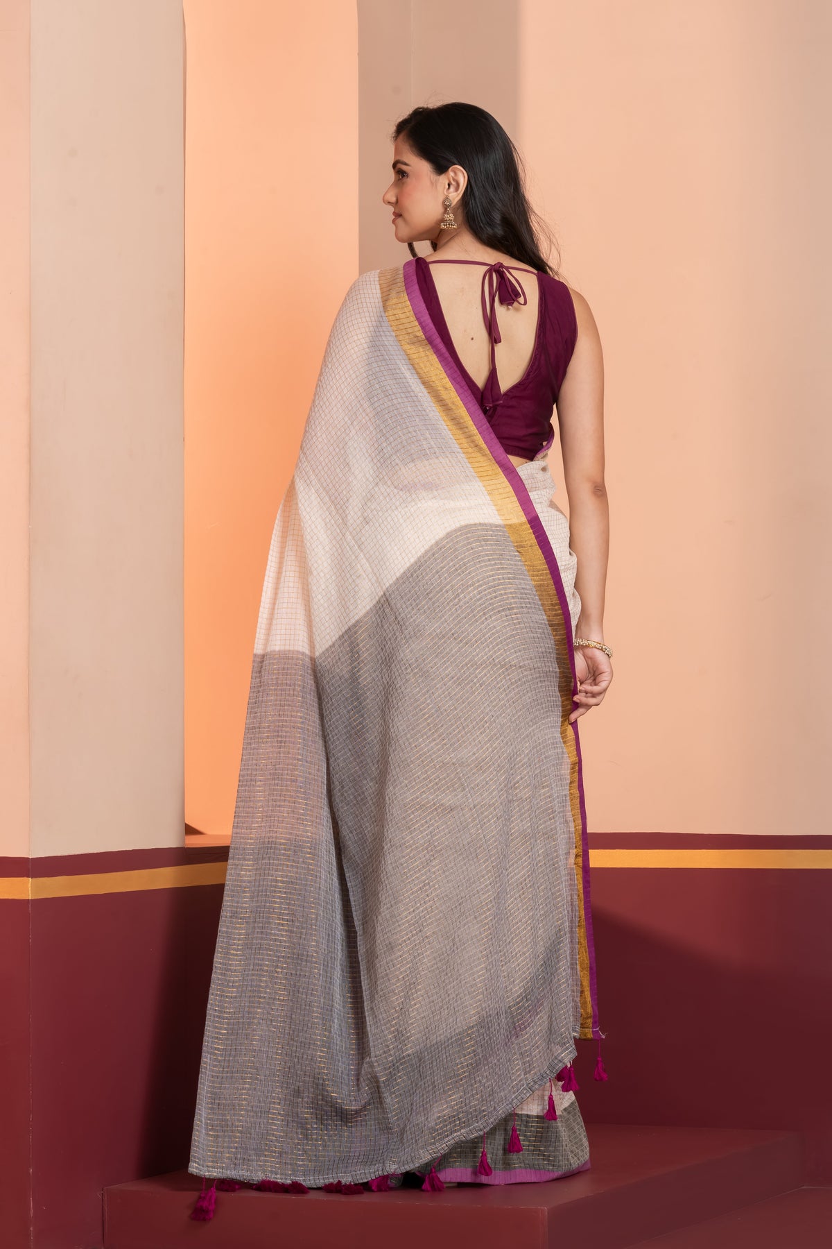 Off-White Grid Pattern Saree with Magenta contrast zari border