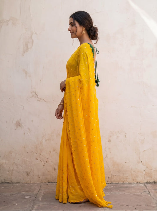 Bright yellow scallop Border Mirror Work Saree