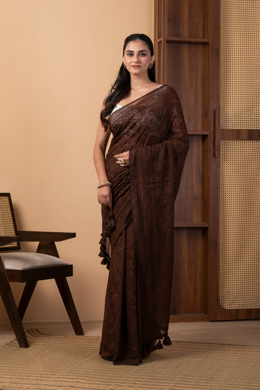 Rich Chocolate Brown Mul Cotton Saree with Tonal Chikankari Work