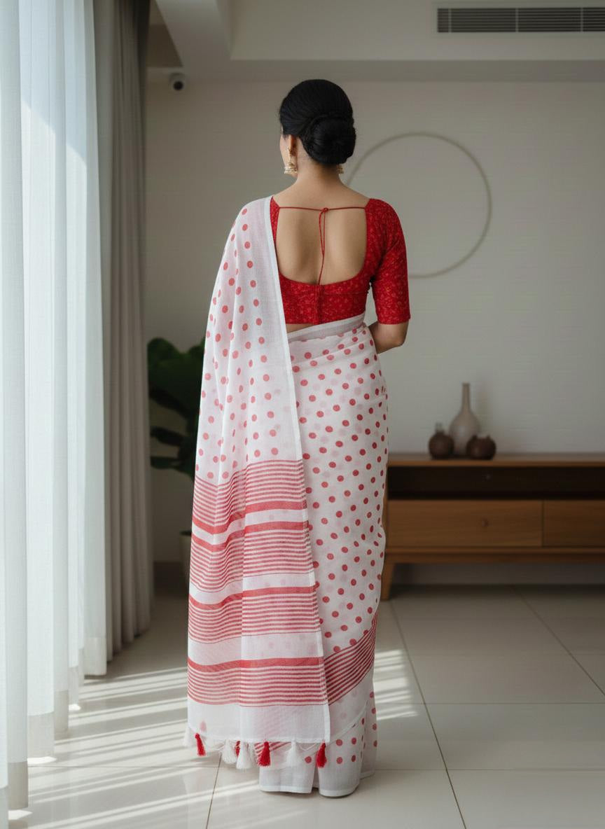 Polka printed mulmul cotton saree