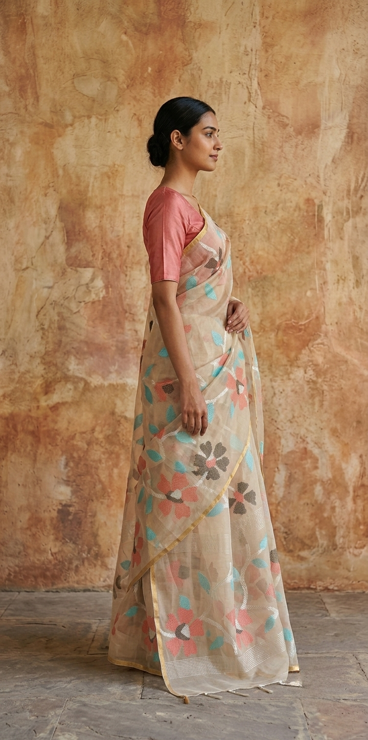Off white all over jamdani resham silk saree