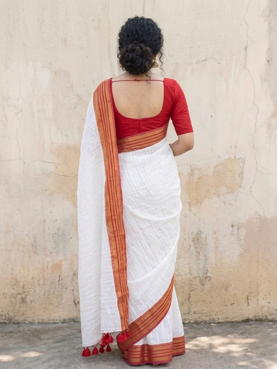 Pure Mul Cotton Saree with Traditional Kanchi Border & Self Check