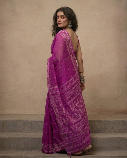 Dark pink handloom cotton jamdani saree