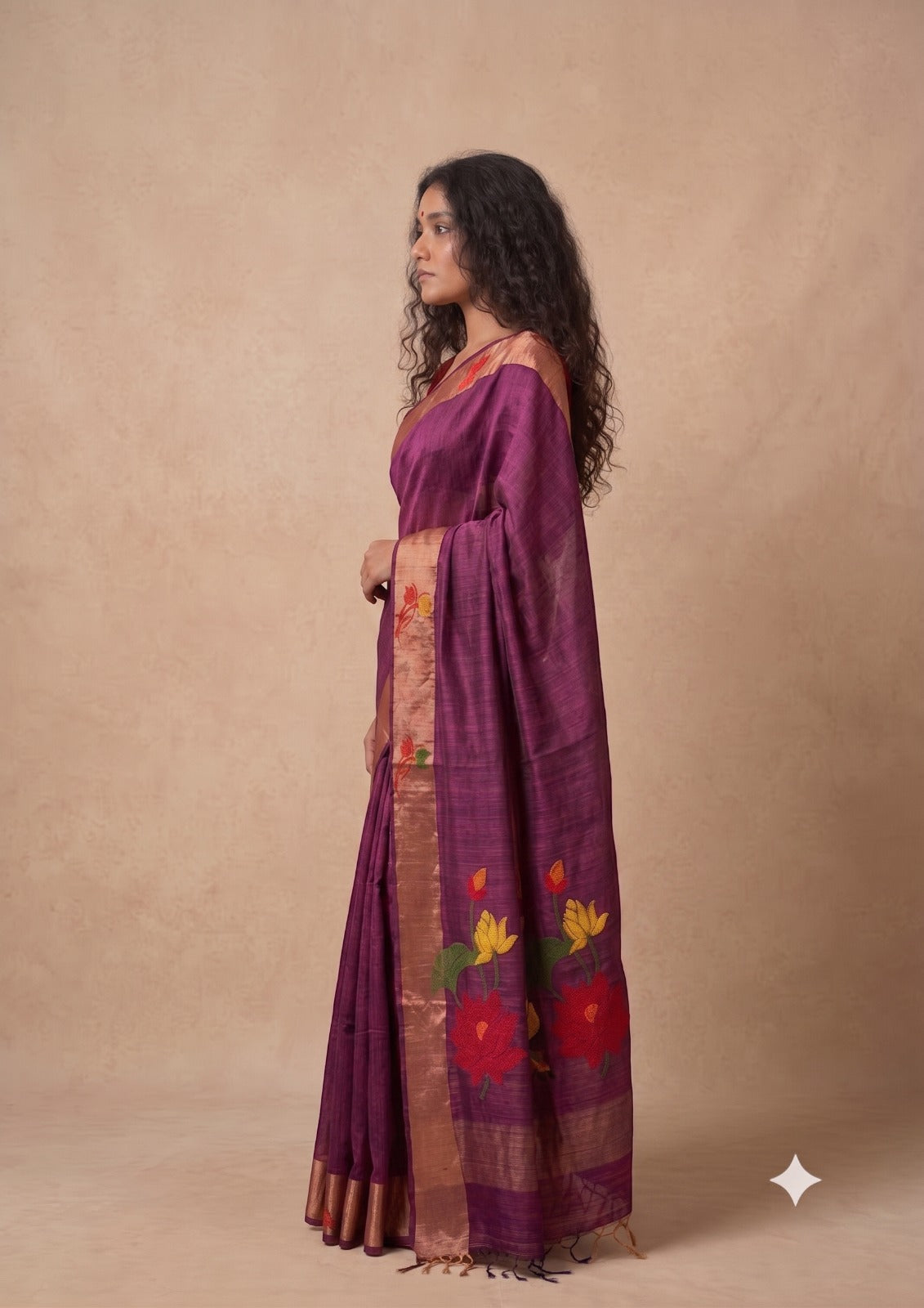 Dark maroon tussar Jamdani saree