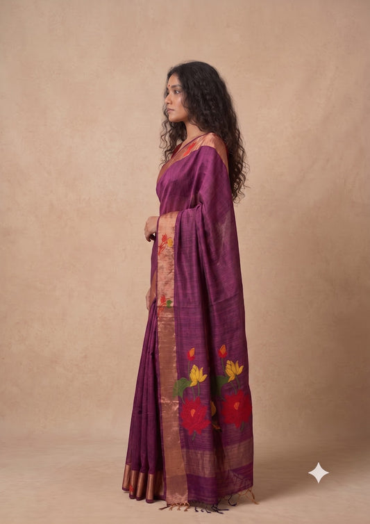 Dark maroon tussar Jamdani saree
