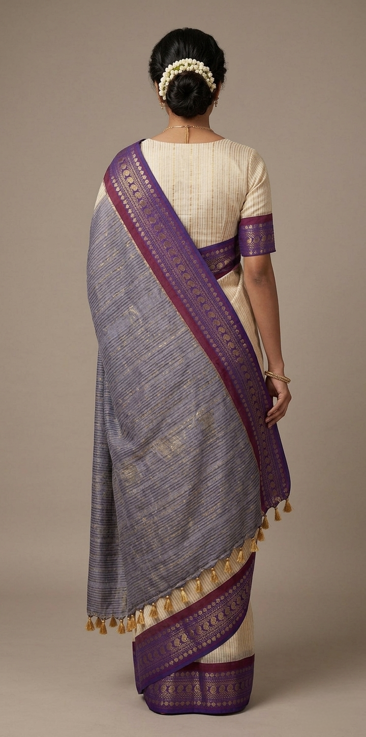 Off white purple zari border striped mulmul saree