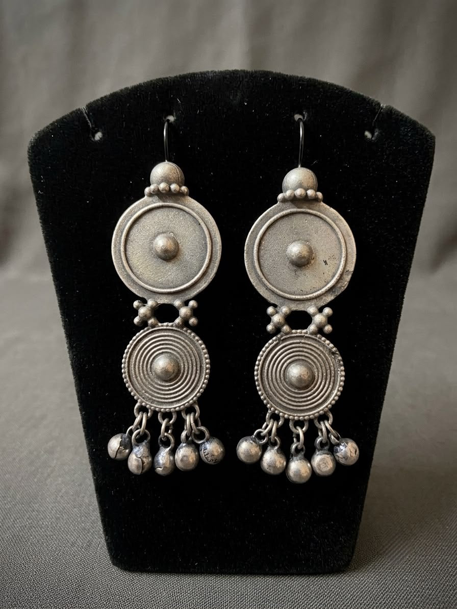 Antique Silver-Tone Medallion Dangle Earrings with Ghungroo Drops