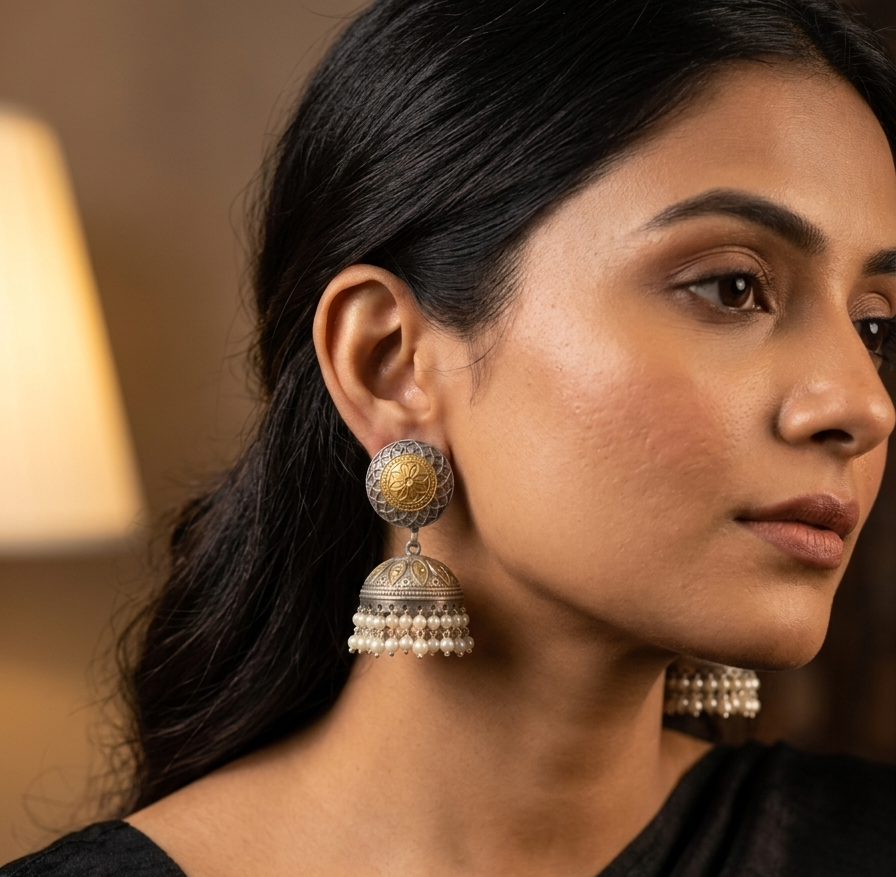 Dual tone big jhumka with pearl droplets