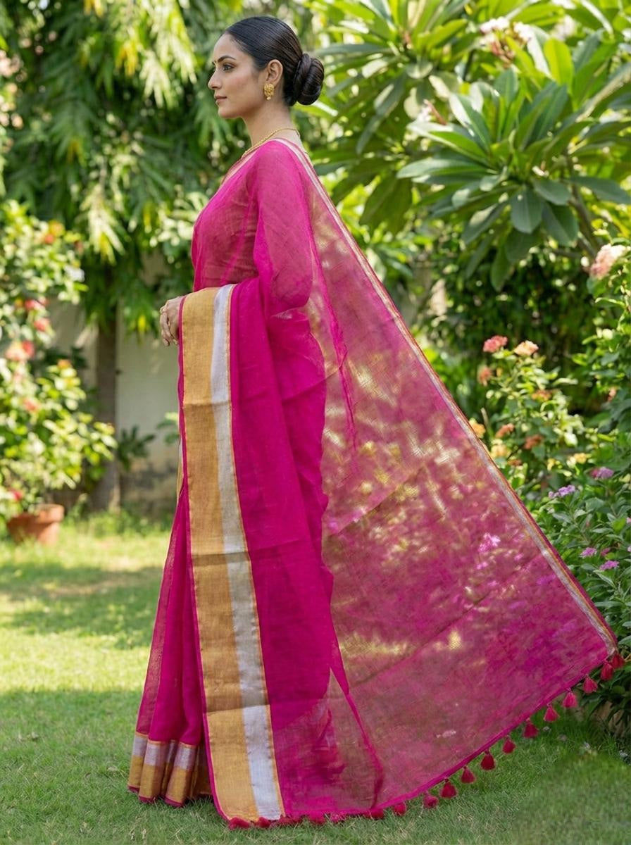 Dark pink mulmul cotton saree