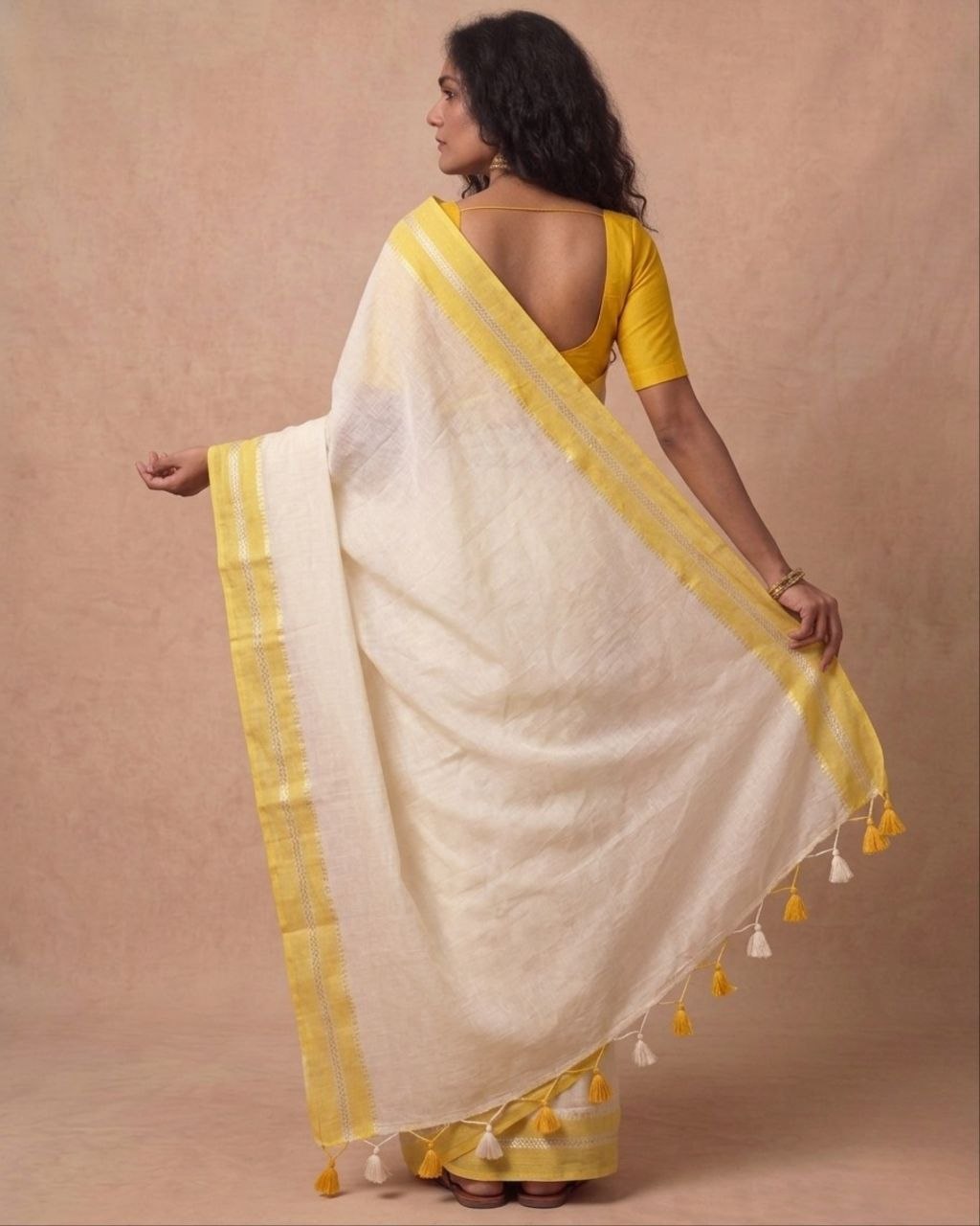 White mulmul cotton saree yellow border