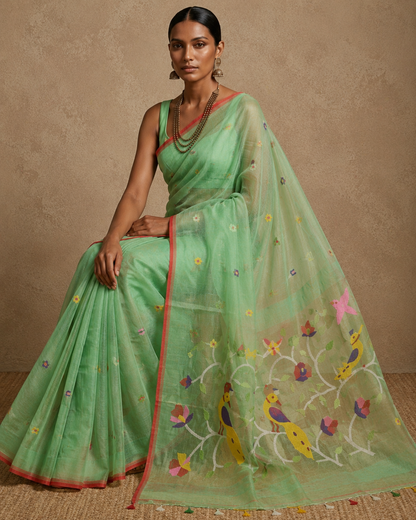 Mint green handspun resham silk saree