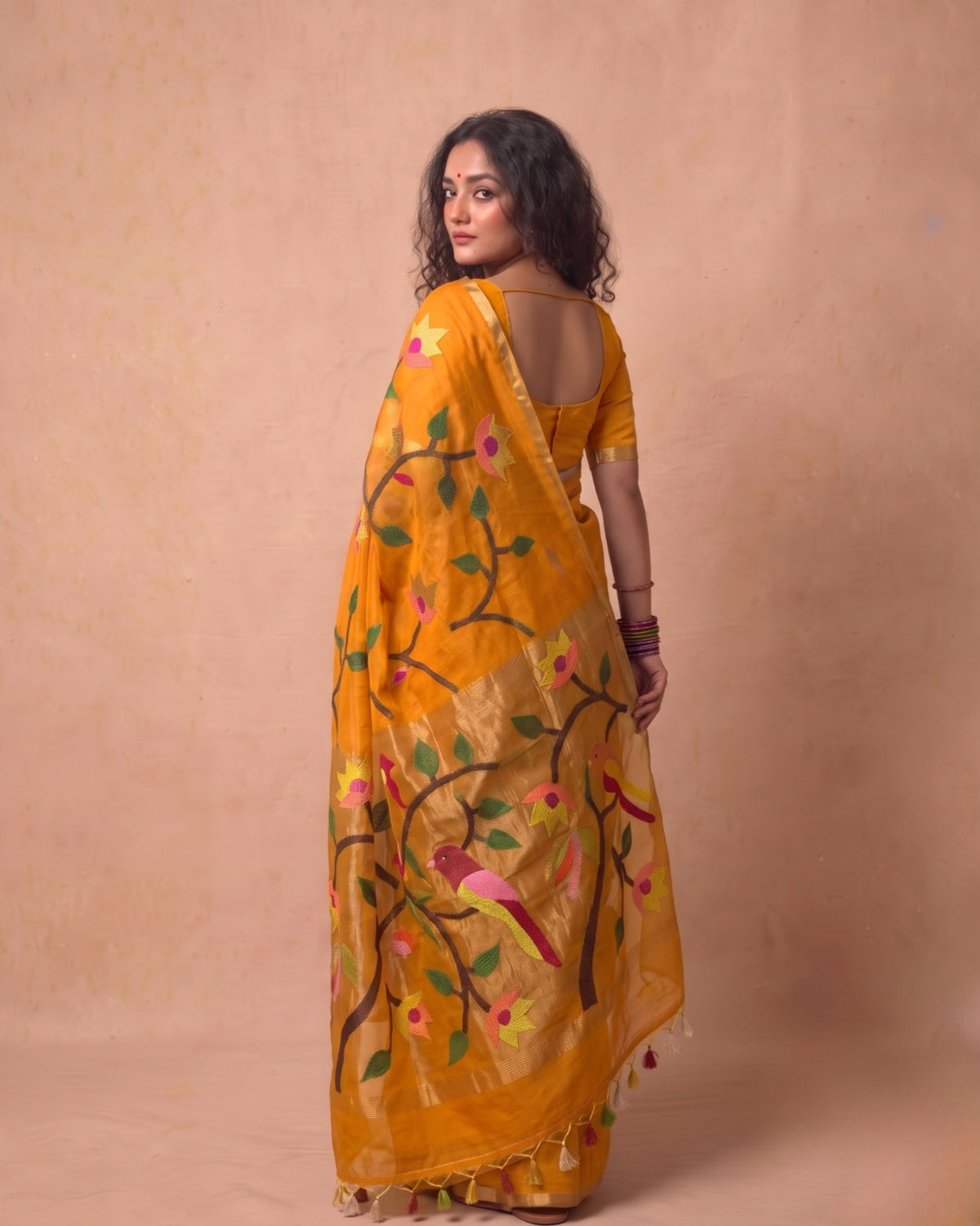 Pure Resham Handwoven needle jamdani Saree in deep mustard