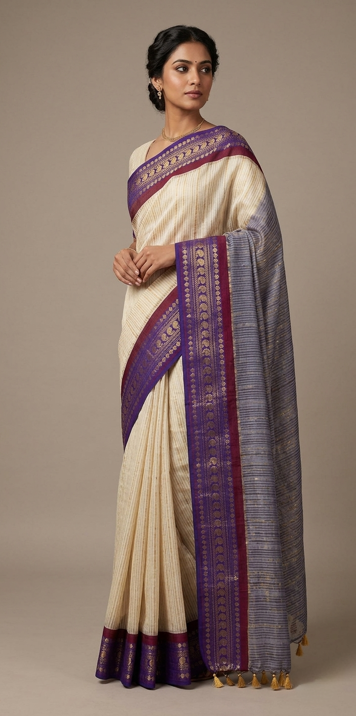 Off white purple zari border striped mulmul saree